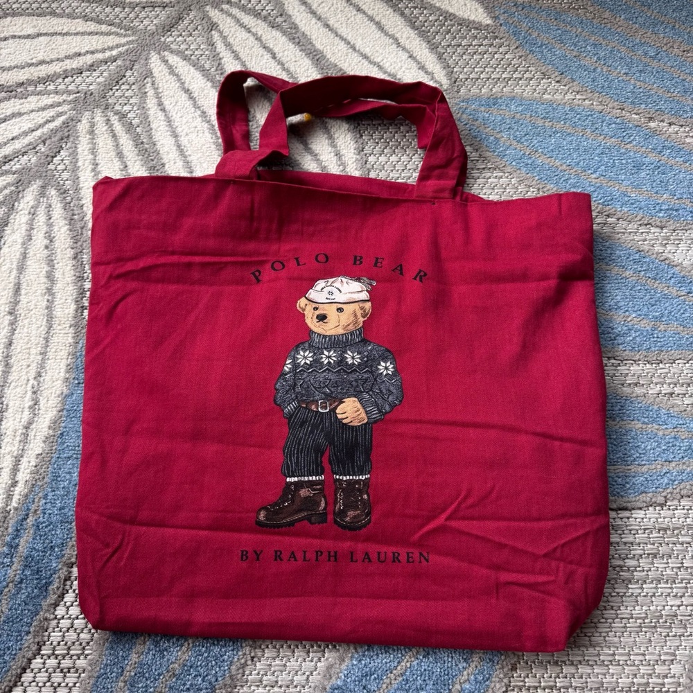 Ralph Lauren Polo Bear Red Canvas Striped Lining Tote Shopping Bag - Picture 2 of 6